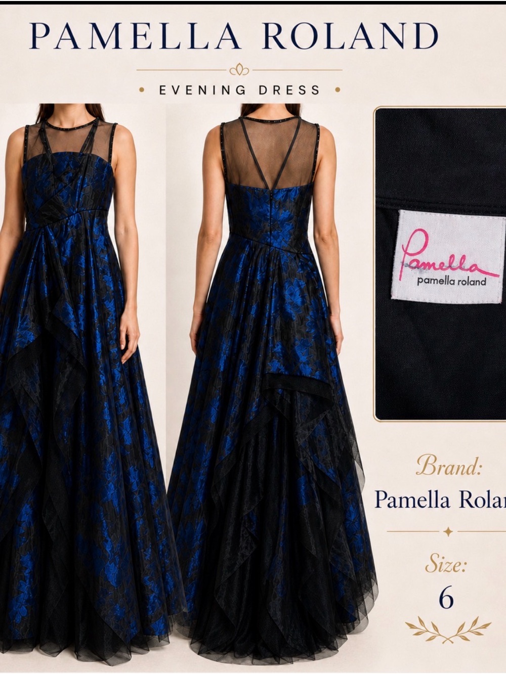 Pamella Roland Black and Blue Floral Illusion Evening Gown